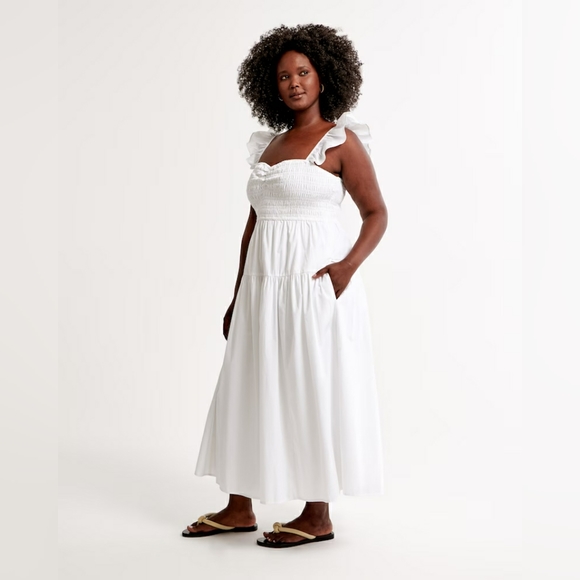 NWT Abercrombie & Fitch White Poplin Ruffle Strap Smocked Midi Dress Size XS - Picture 2 of 16